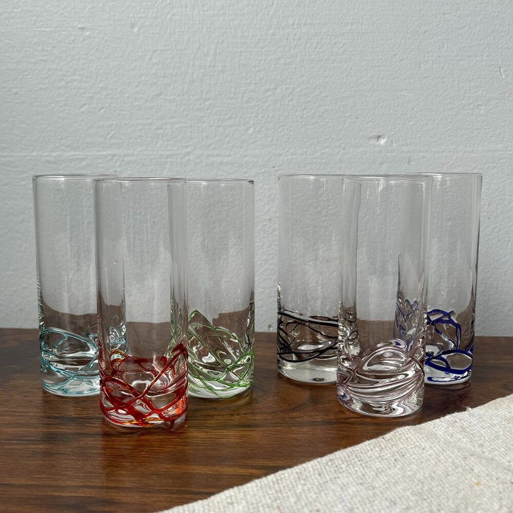 Vintage Colored Swirl Base Tall Shot Glasses Set of 6 MCM Minimalist Barware
